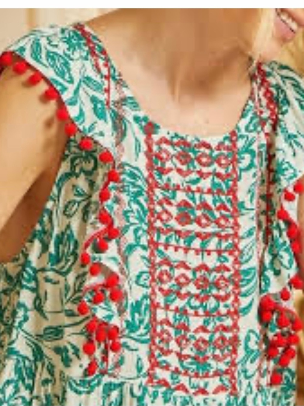 Boutique Size 2x Women's Cream Printed Pom-Pom Trim Top Green Red Embroidery